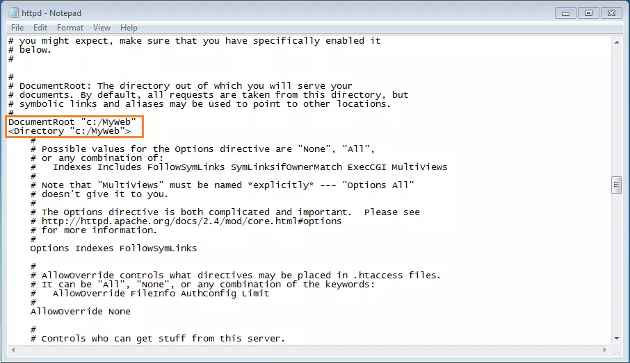 Adaptación de los datos para DocumentRoot y Directory en el archivo httpd.conf