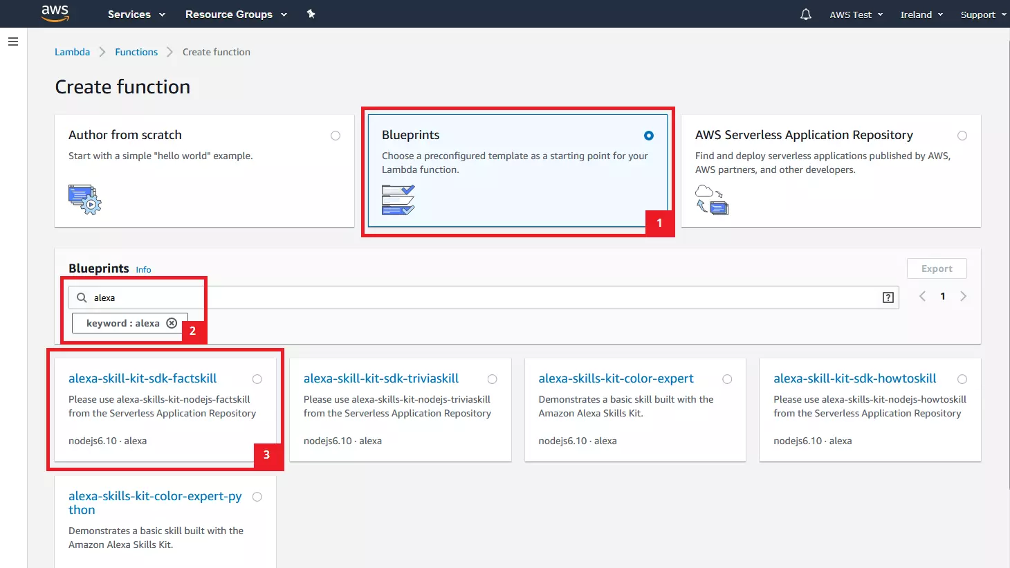 AWS Management Console: seleccionar la plantilla para la función Lambda