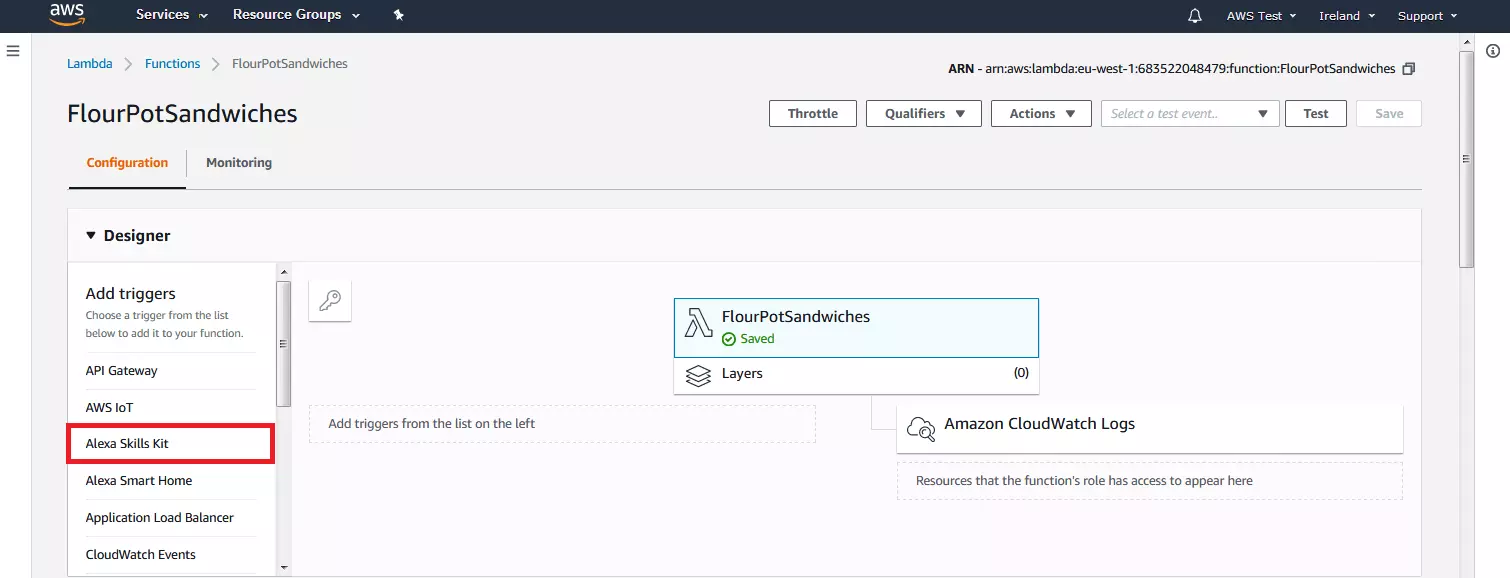 AWS Management Console: selección del disparador de la función Lambda