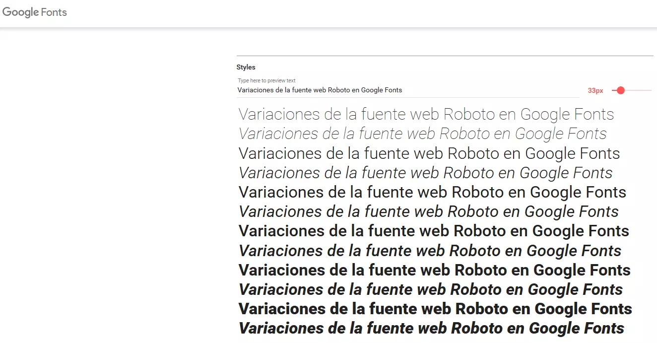 Variaciones de la fuente web Roboto en Google Fonts