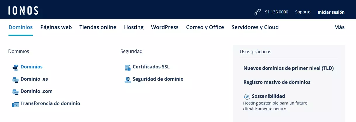 Página web de IONOS: menú de dominio