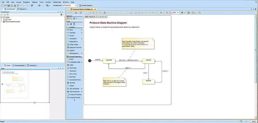 Interfaz de usuario de MagicDraw con diagrama de estados