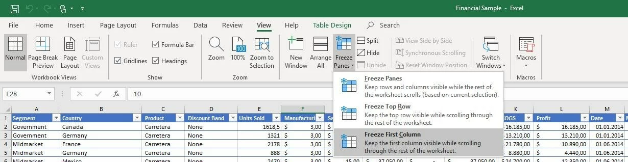 Excel 2016: Menú Inmovilizar paneles