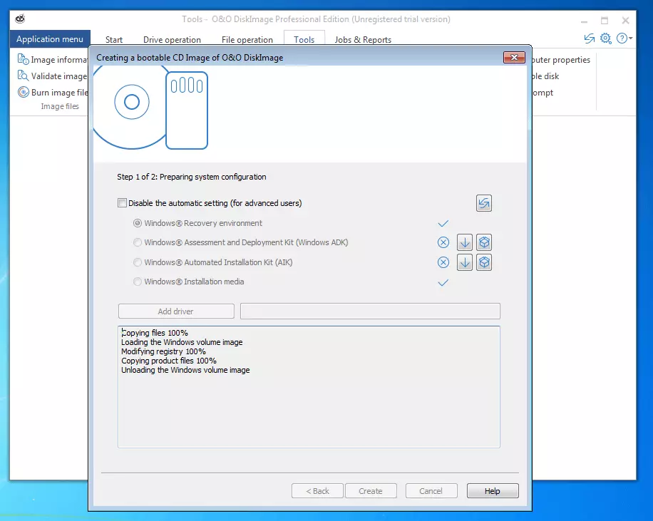 O&O DiskImage Professional 11.0: menú para la creación de una imagen de arranque