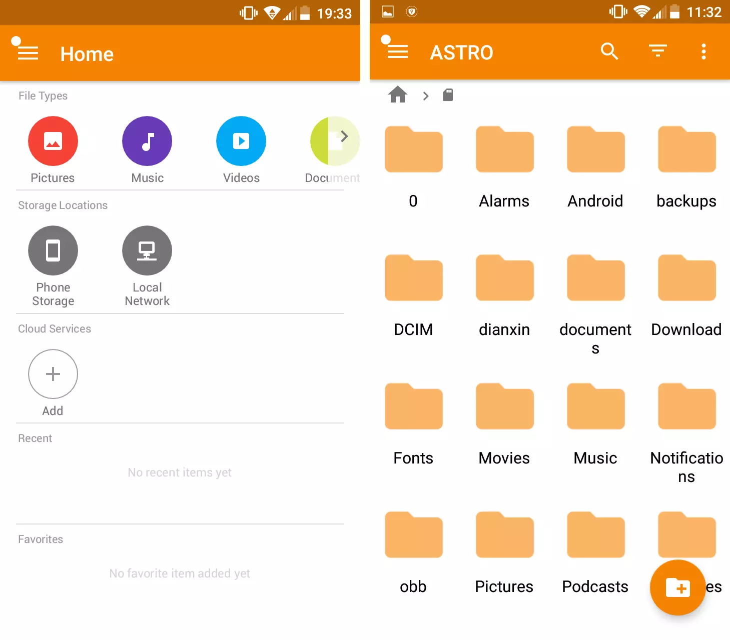 Menú de inicio y vista general de ASTRO gestor de archivos para Android