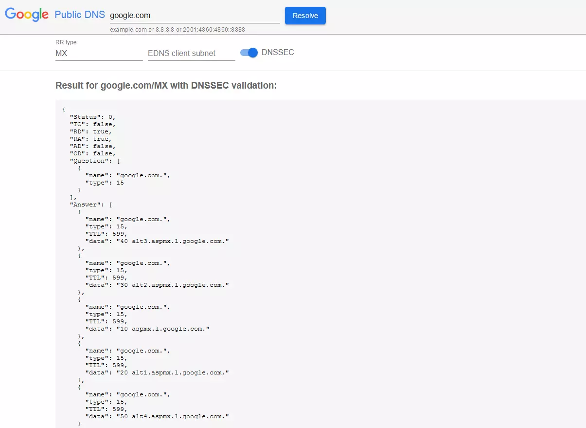 Consulta de un MX record con Google Public DNS