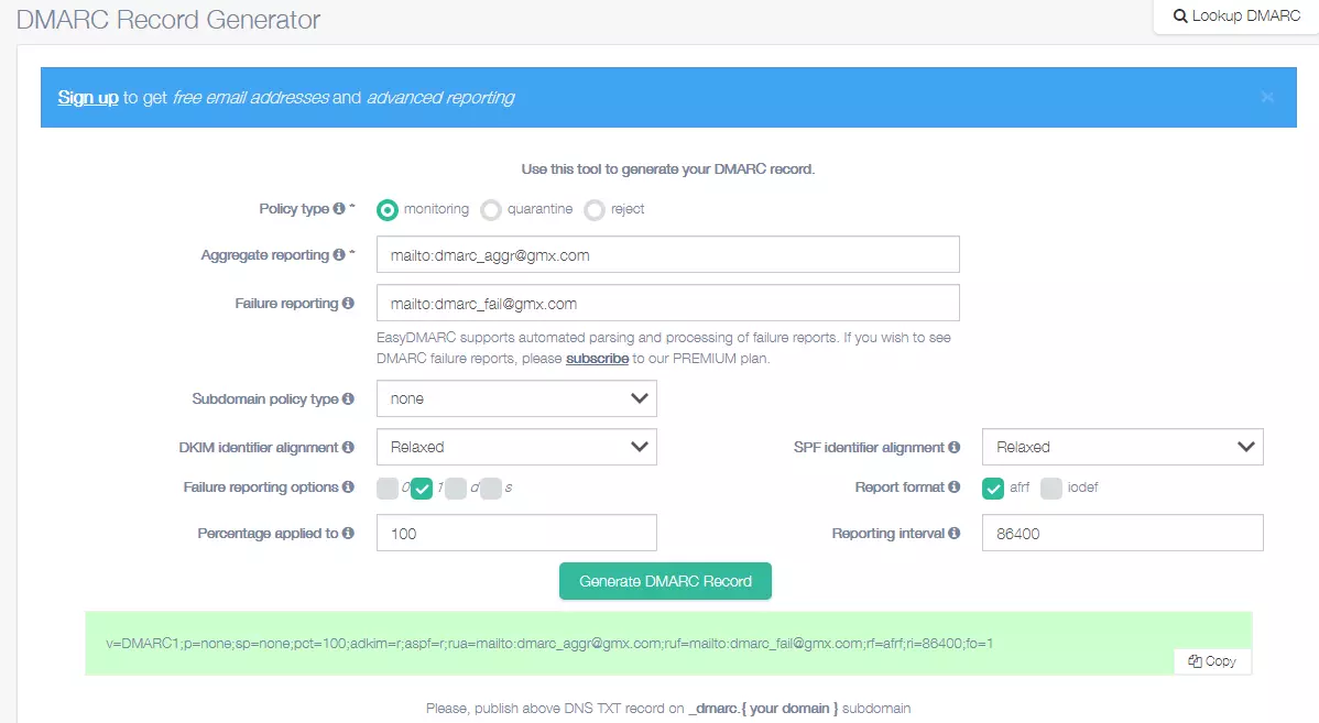 Imagen de la herramienta DMARC Record Generator de easydmarc