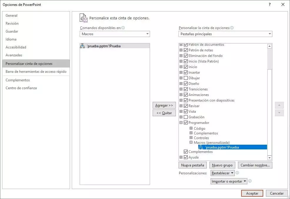 Personalizar la cinta de opciones de PowerPoint: añadir macro