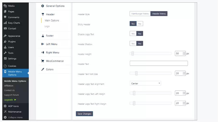 La interfaz de administración del plugin WP Mobile Menu de WordPress