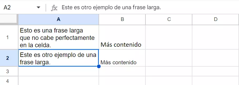 Captura de pantalla de un salto de línea con una columna más ancha en Google Sheets