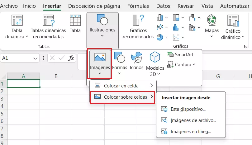 Menú en Excel: colocar sobre celdas