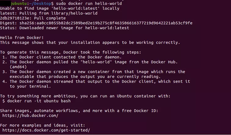 Salida de la terminal tras ejecutar “sudo docker run hello-world”