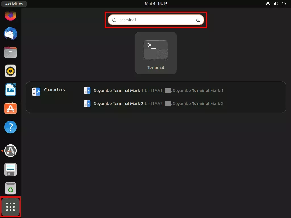 Función de búsqueda de Ubuntu: búsqueda de “Terminal”