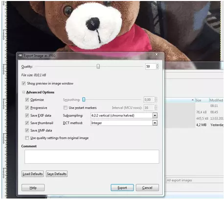 GIMP: exportar imagen como JPEG