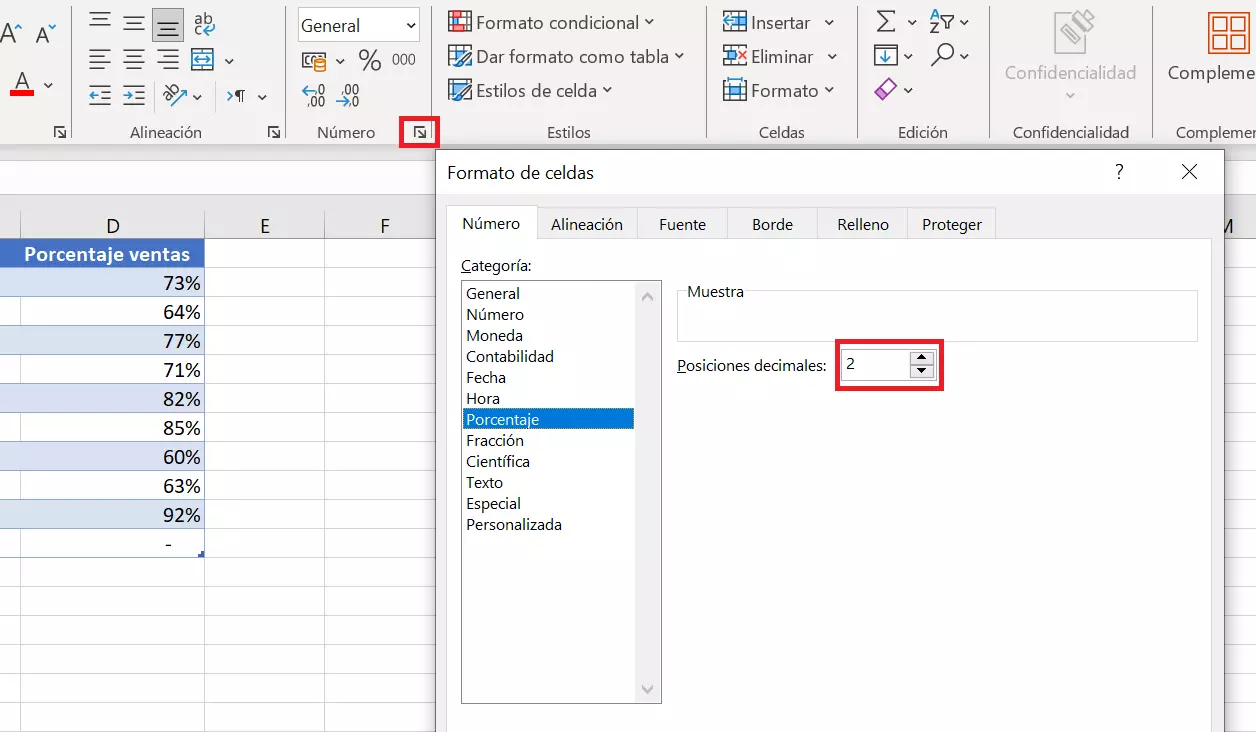 Calcular porcentajes en Excel: formato de decimales