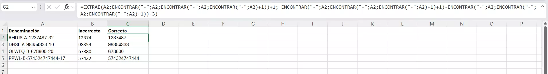 Tabla en Excel con función ENCONTRAR y función EXTRAE