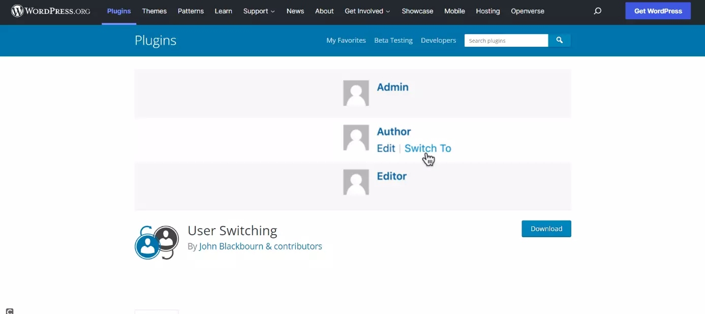 Página de inicio del plugin de WordPress User Switching