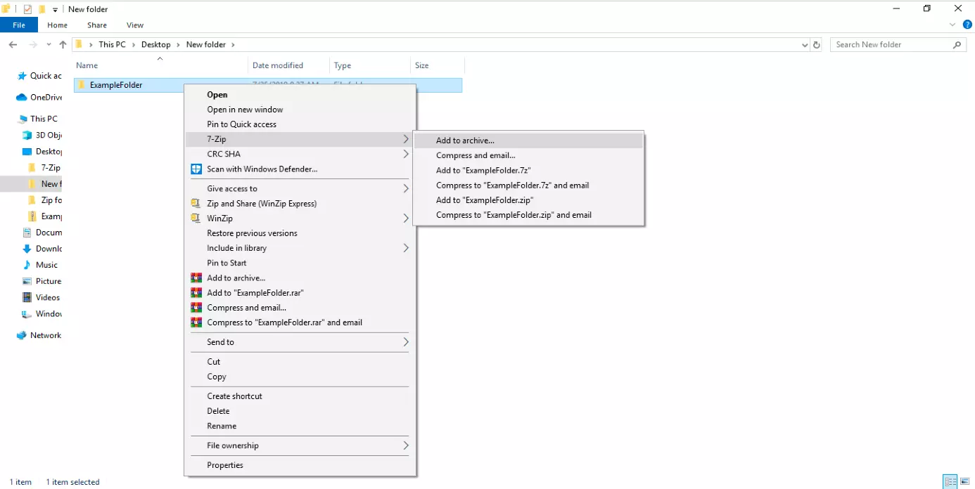 El programa de compresión 7-Zip en el menú contextual