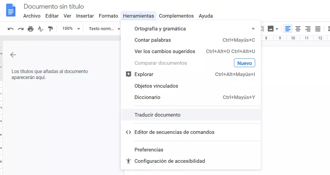 Función de traducción en Google Docs