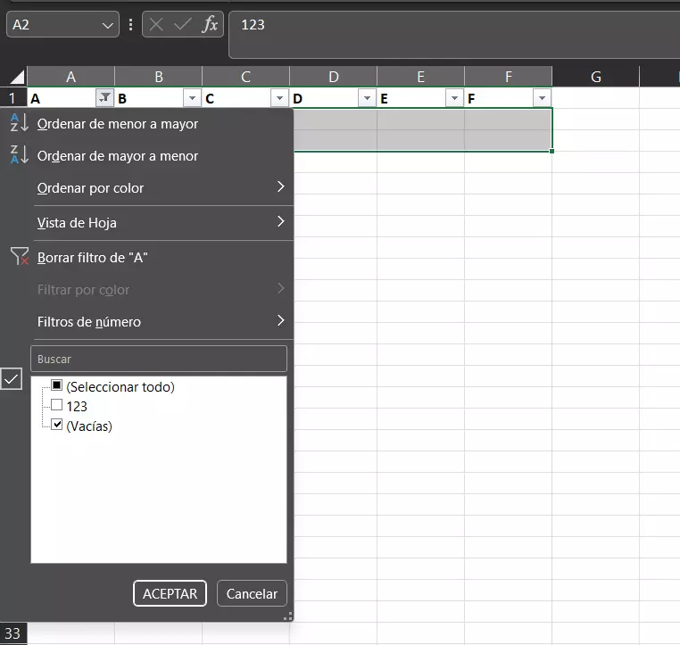 Menú de opciones para mostrar filas vacías en Excel