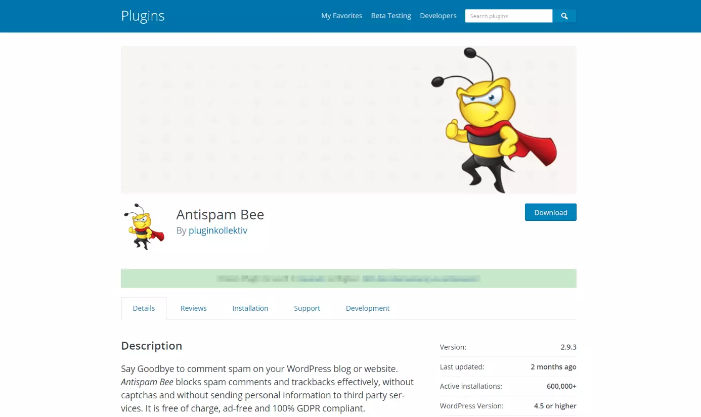 wordpress.org: página de descripción del plugin Antispam Bee