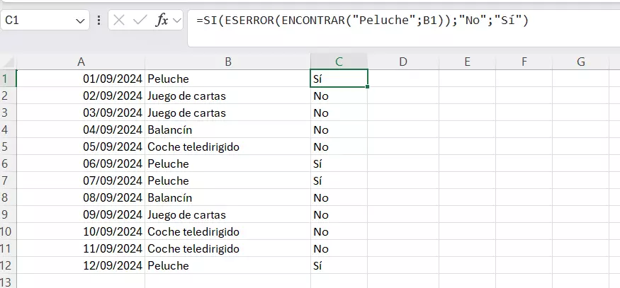 Tabla en Excel con función ENCONTRAR y función SI