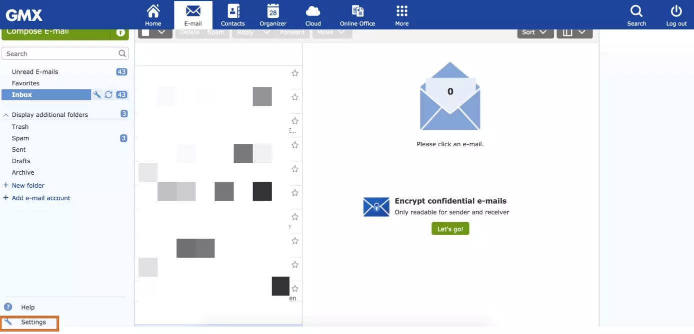 Menú de configuración en el cliente de GMX