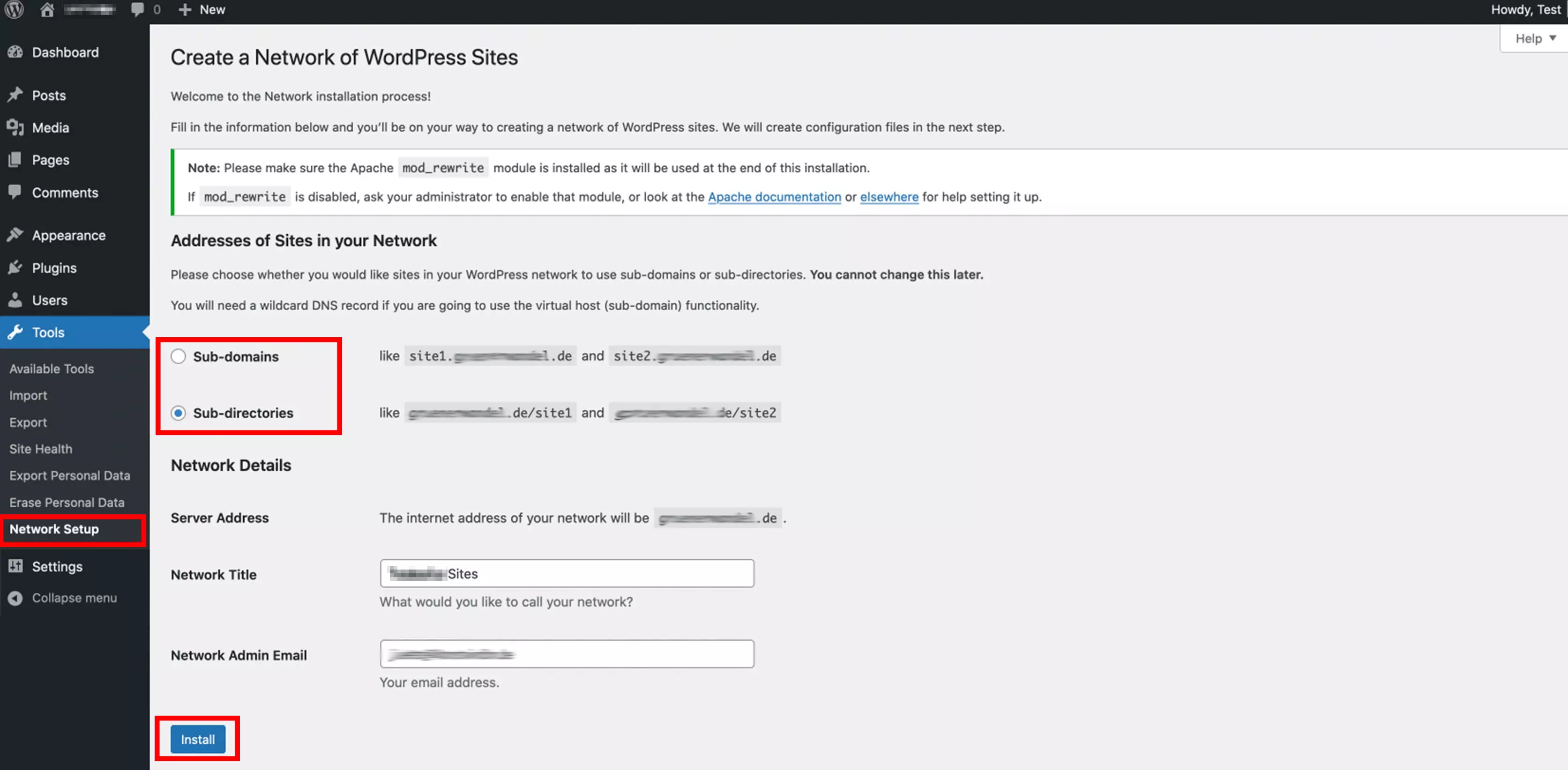 Configuración de la red en el backend de WordPress