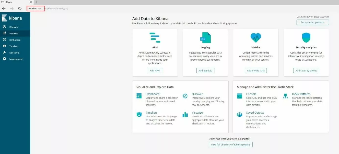 Kibana: pantalla de inicio