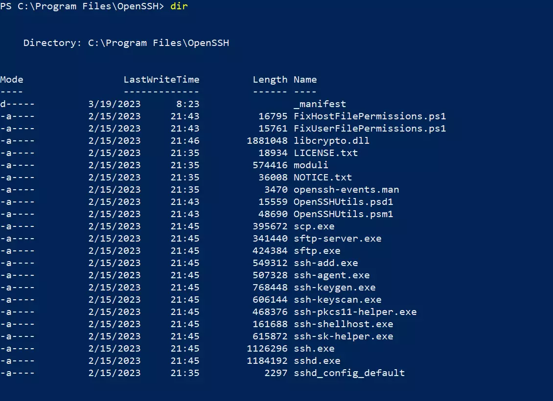 PowerShell: lista de archivos en la carpeta OpenSSH