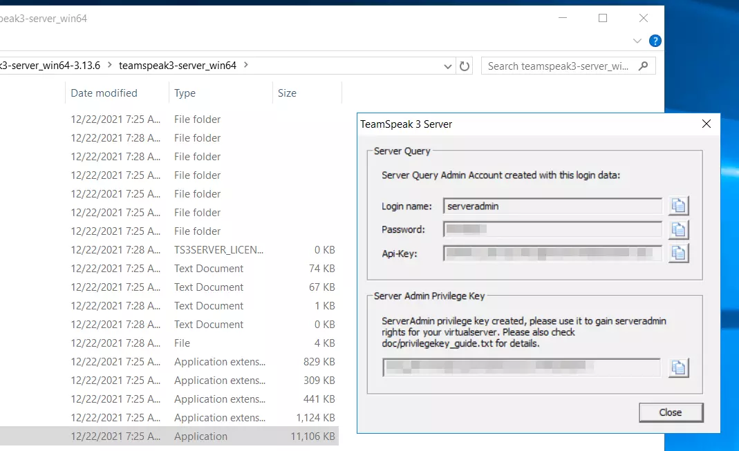 TeamSpeak 3 server: datos de acceso del administrador