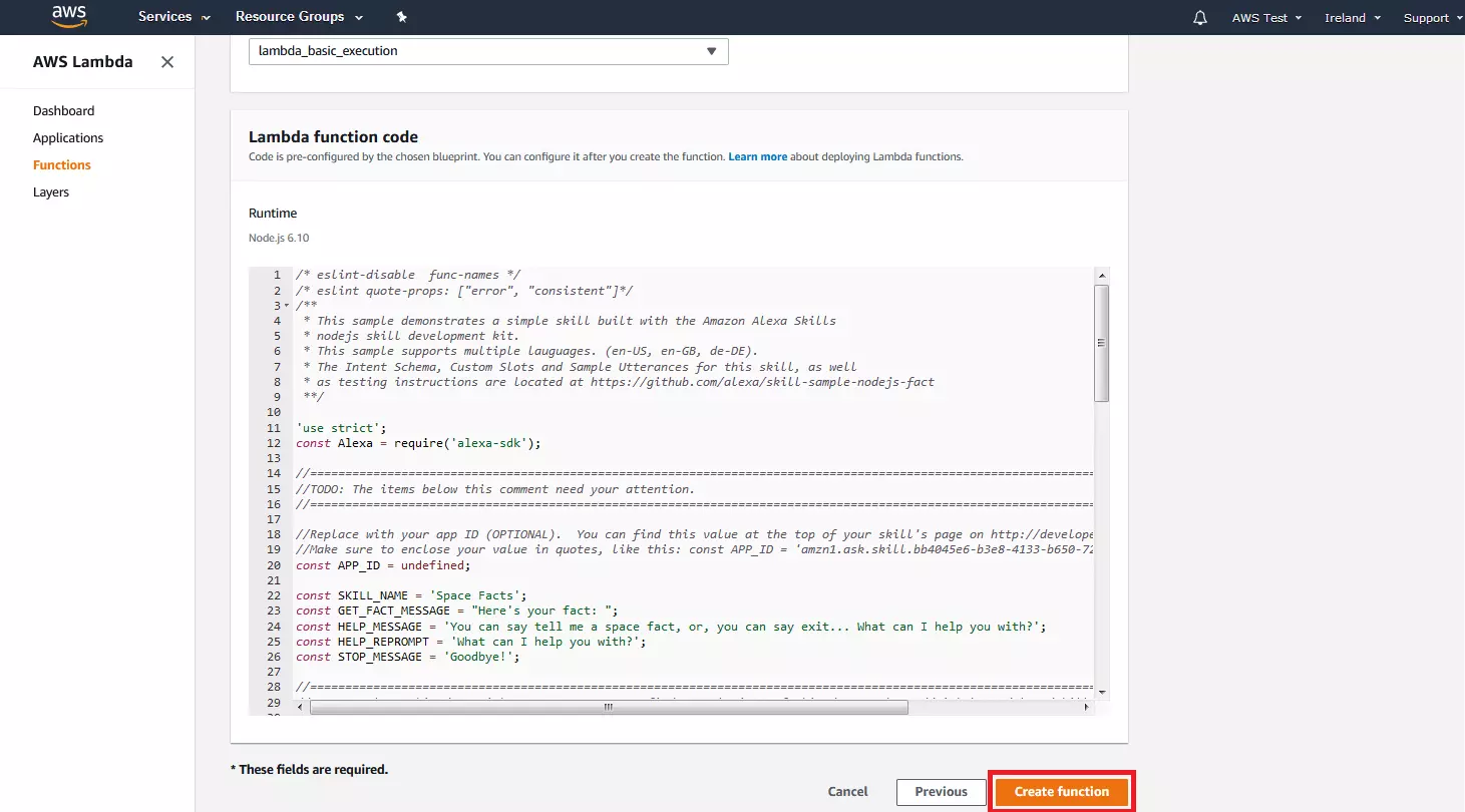 AWS Management Console: el código del programa de la plantilla alexa-skill-kit-sdk-factskill