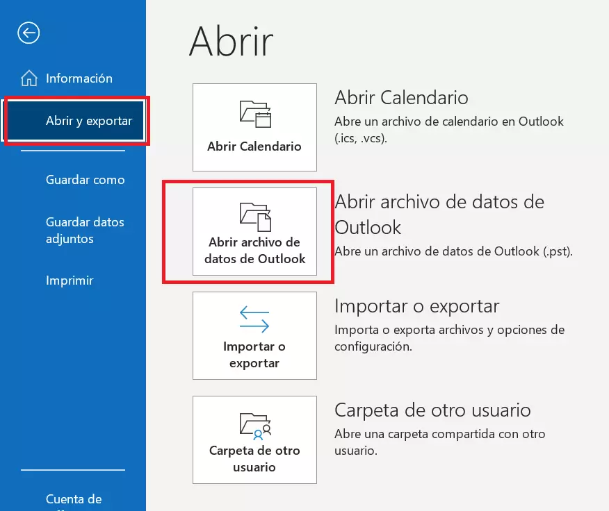 Opción de “Abrir archivo de datos de Outlook” en el apartado “Abrir y exportar” del menú “Archivo” de Outlook