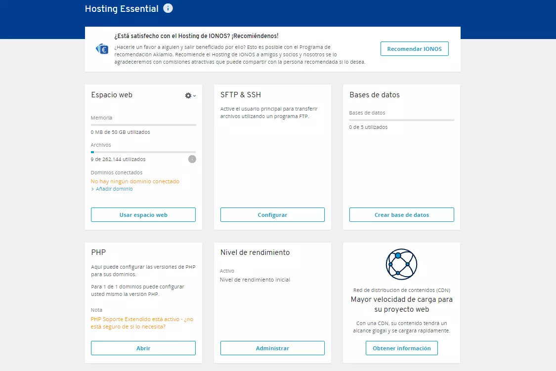 Panel de control de IONOS: entrada de PHP en el resumen de tu alojamiento