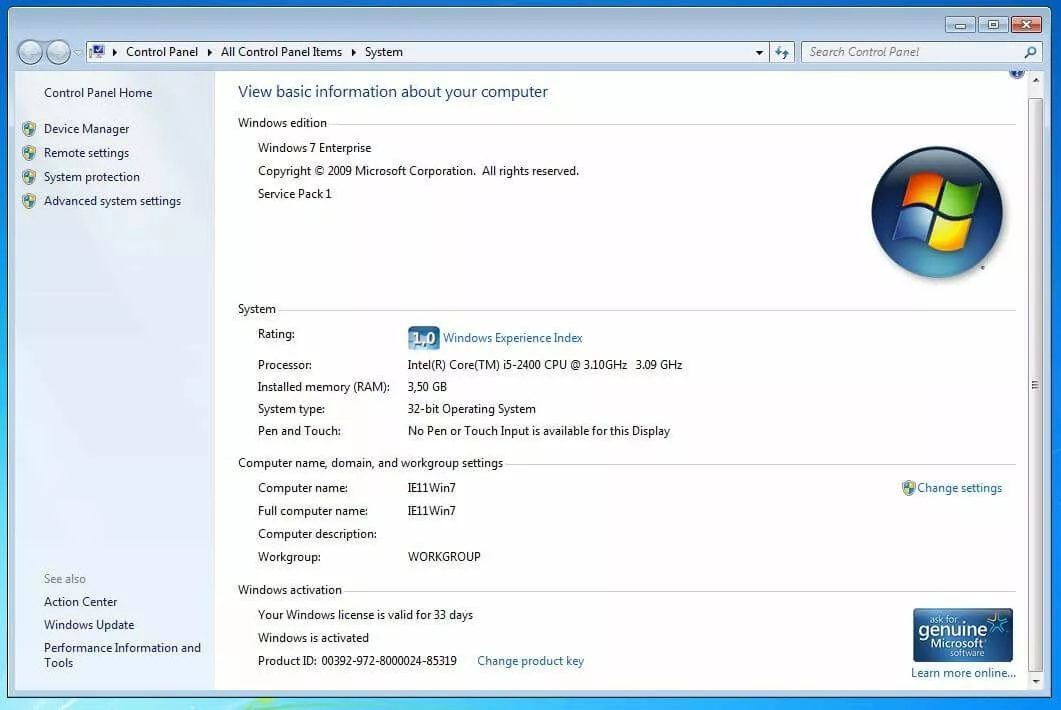 Visualización del FQDN en el panel de control de Windows