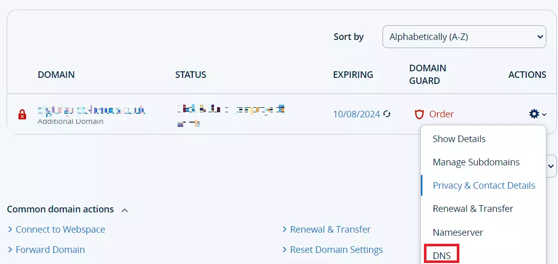 Lista del menú de dominios de IONOS