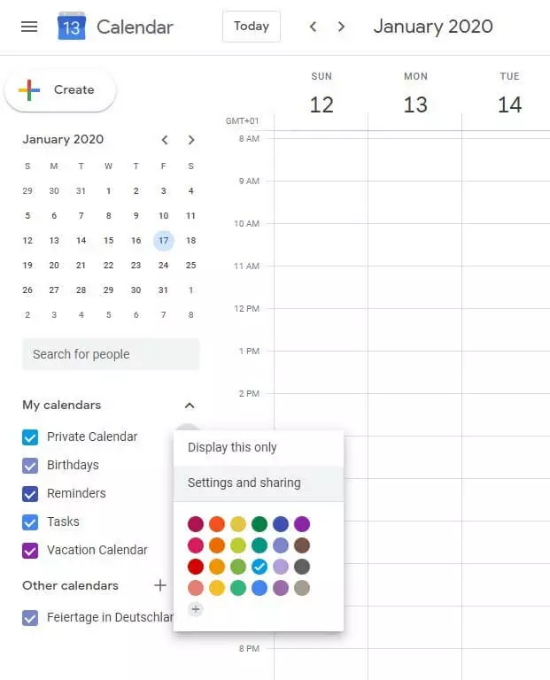 Seleccionar el calendario en Mis calendarios