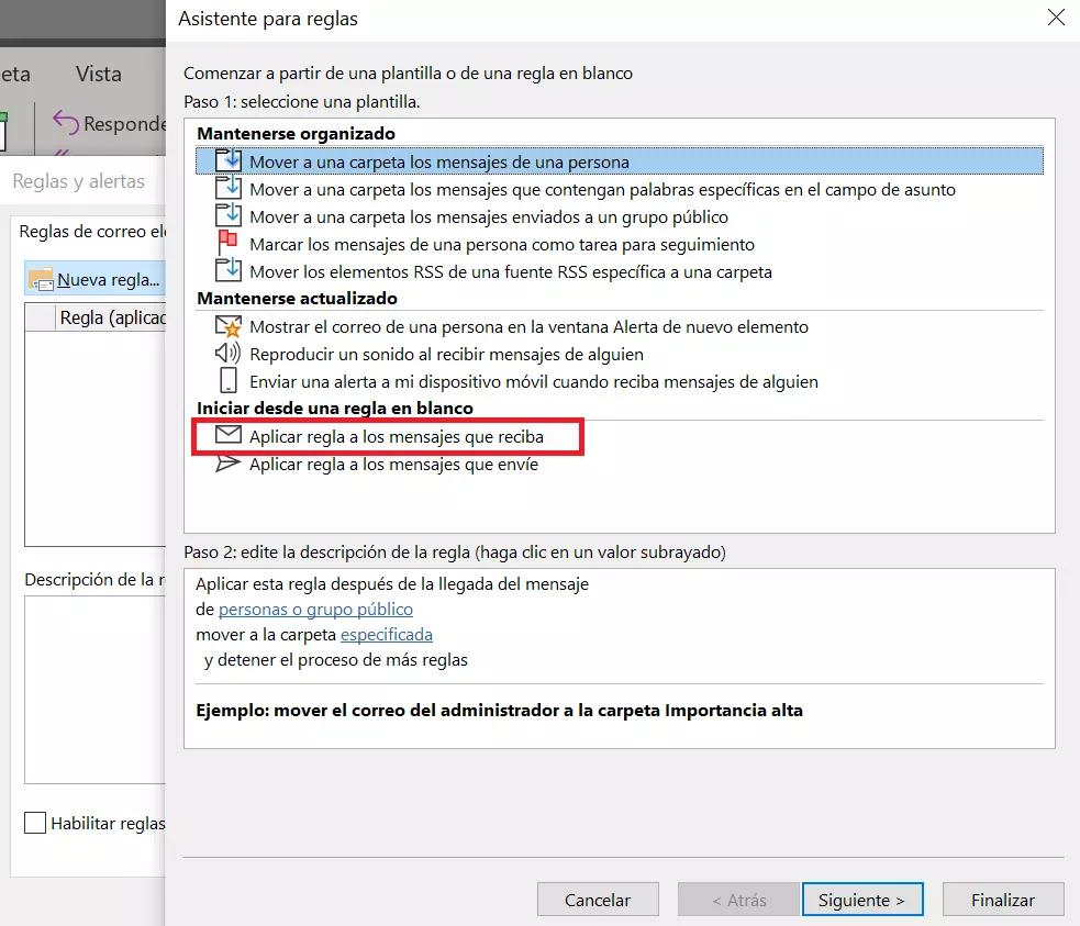 Outlook 365: el asistente para definir las reglas