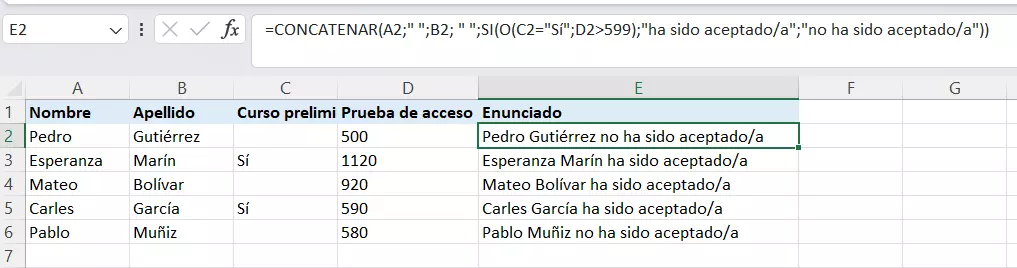 Excel: SI-O combinada con CONCATENAR