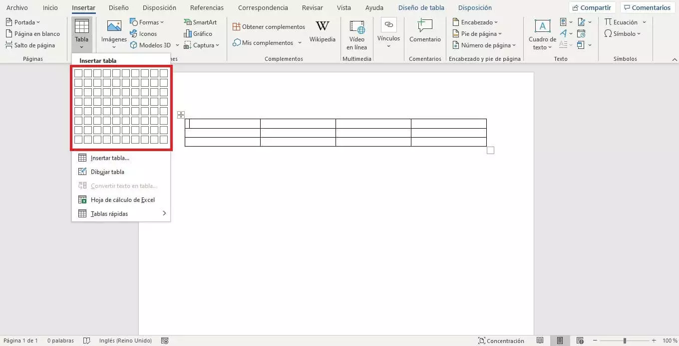 Función para insertar una tabla en Word con un solo clic de ratón