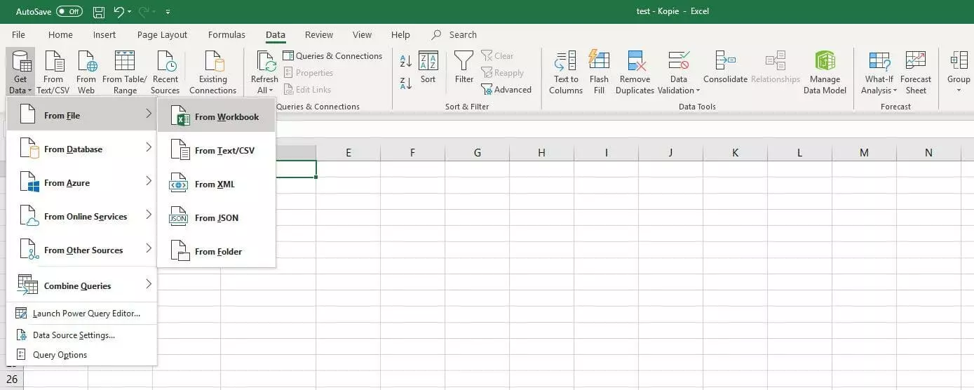 Tablas Excel: menú de importación para datos en Excel 2016