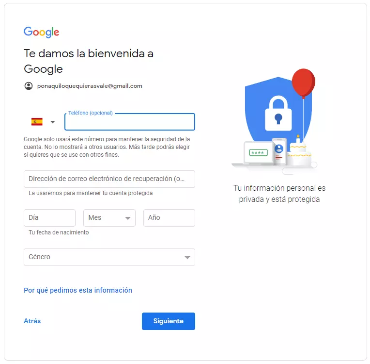 Introduce otros datos personales en Google como tu número de teléfono y fecha de nacimiento