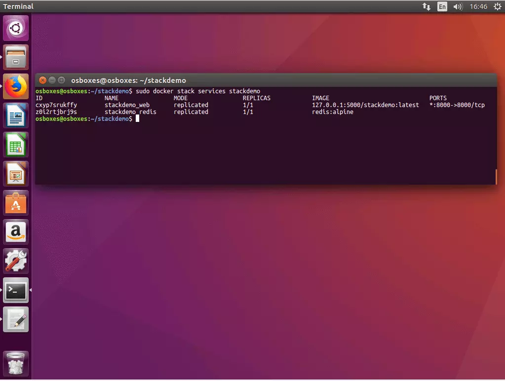 El comando “docker stack services” en la terminal Ubuntu