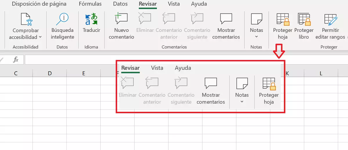 Imagen del menú “Revisar” > “Proteger hoja”