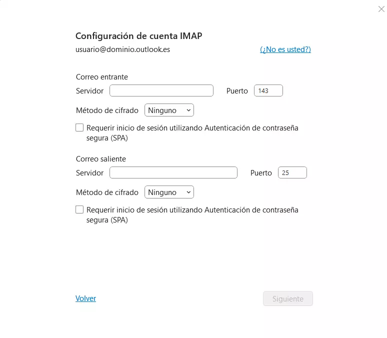 Configuración de la cuenta IMAP en Outlook