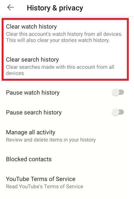 App de YouTube: menú “Historial y privacidad”