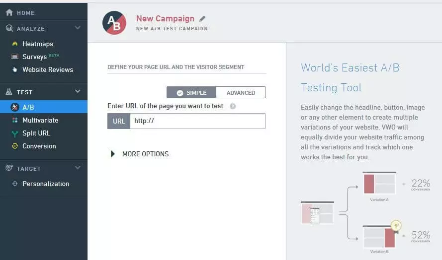 Menú para crear campañas con Virtual Website Optimizer