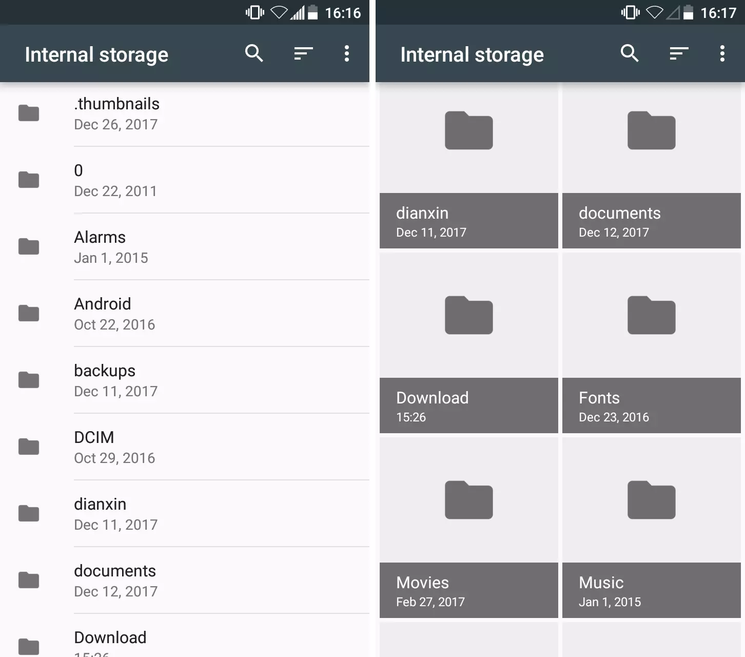 Gestor de archivos para Android: visualización de lista y de cuadrícula