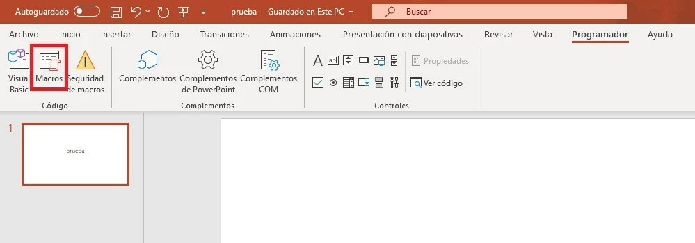 Cinta de opciones de la pestaña de PowerPoint “Programador”