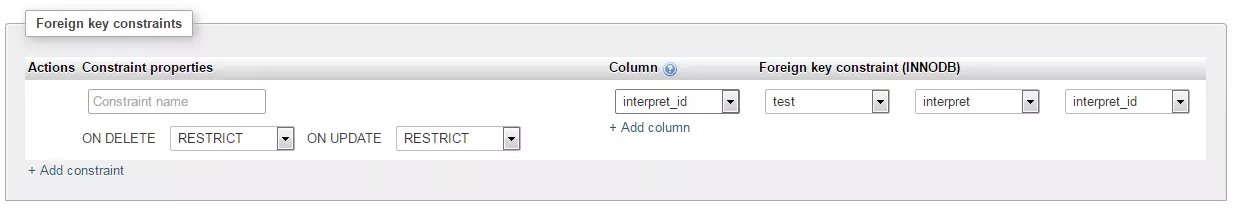 phpMyAdmin: máscara de entrada “Foreign key contraints” con valores de ejemplo